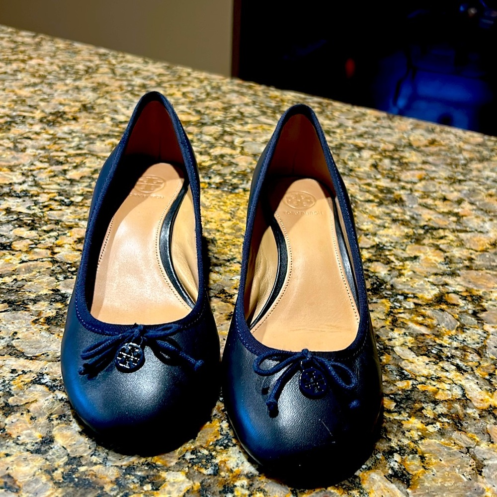 Tory Burch Chelsea Blue Leather Soho Lux Ballet Wedges Sz 9.5